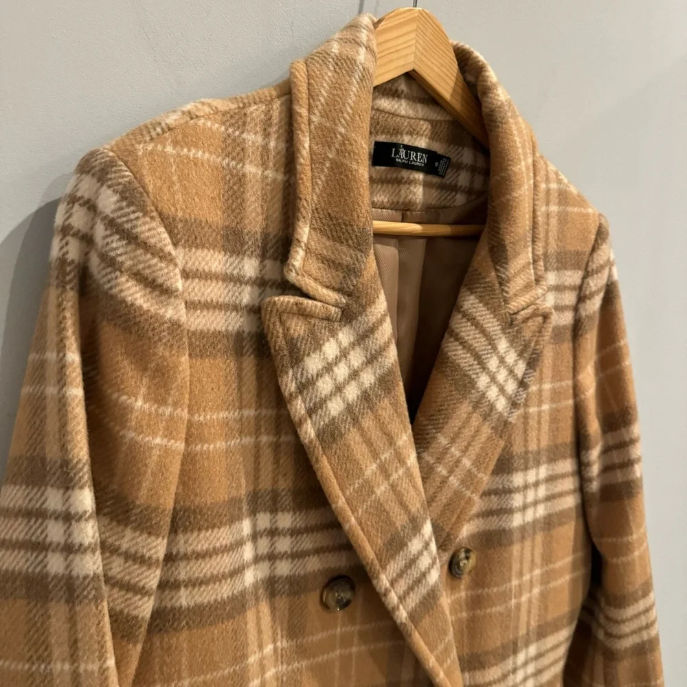 NWT Lauren Ralph Lauren Plaid Double Breasted Reefer Coat In Camel, Size 10 - Picture 6 of 13